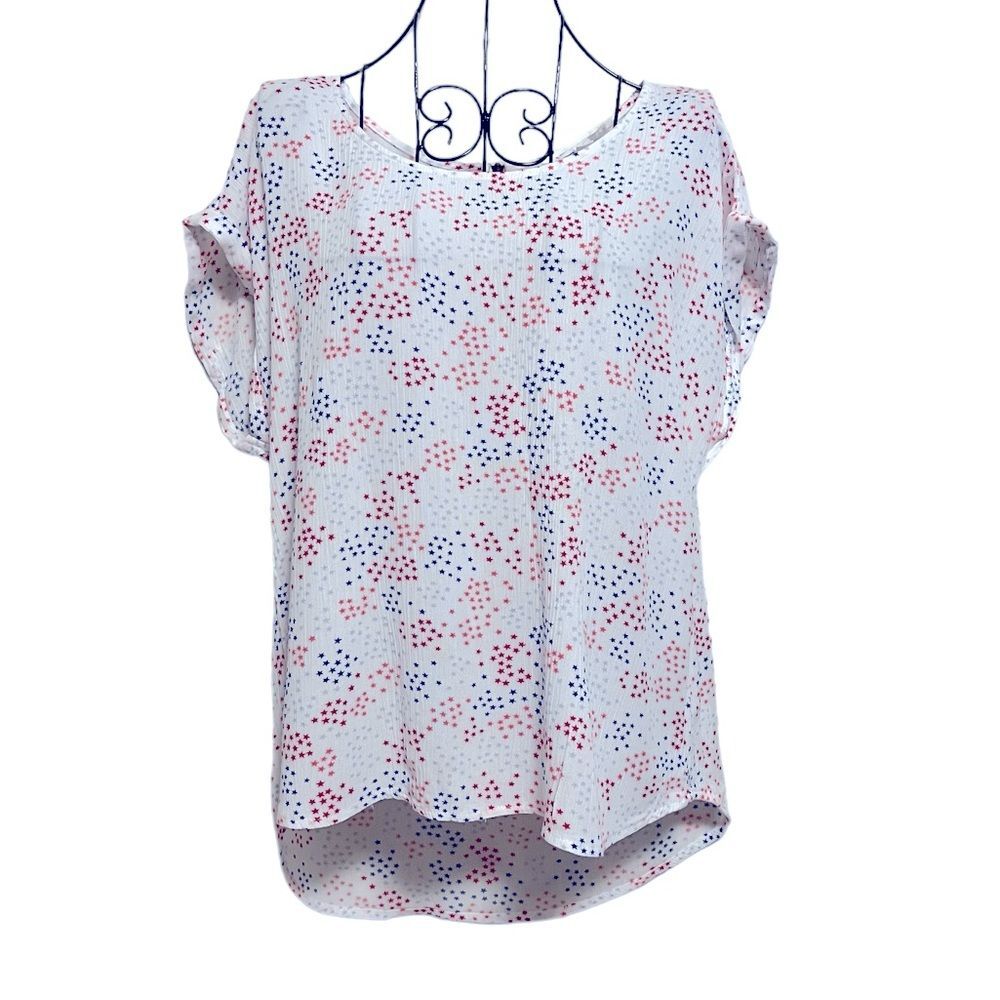 Pink Rose Memorial Day 4th of July Patriotic Stars Capped Sleeve Blouse, Size M